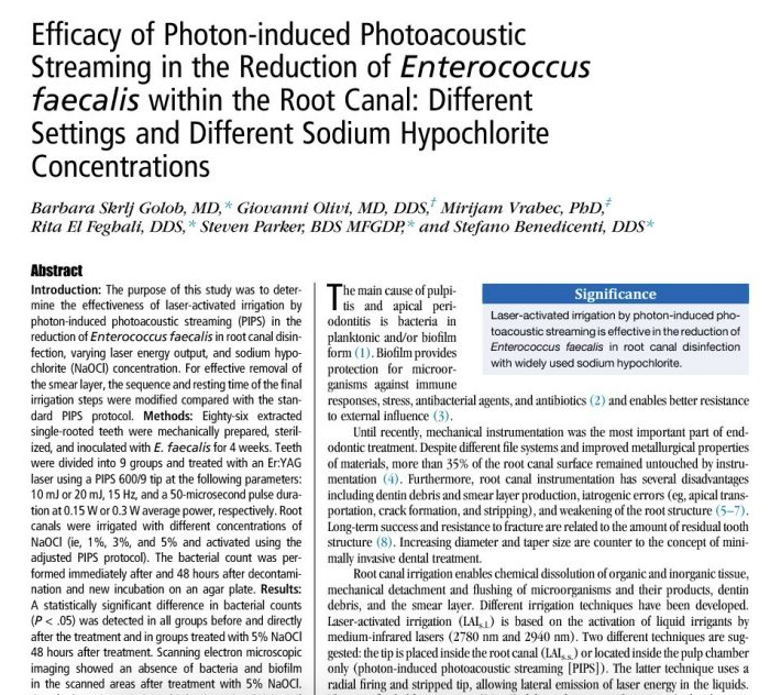Efficacy of Photon-induced Photoacoustic Streaming in the Reduction of Enterococcus faecalis within the Root Canal